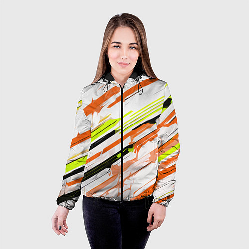 Женская куртка Оранжево-жёлто-чёрные полосы на белом фоне / 3D-Черный – фото 4