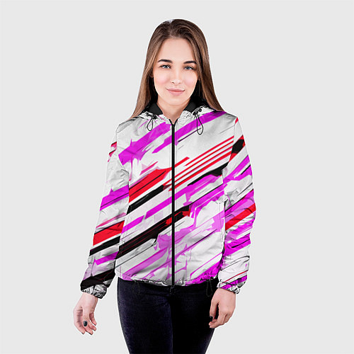 Женская куртка Красно-розово-чёрные полосы на белом фоне / 3D-Черный – фото 4
