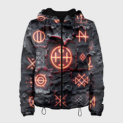 Куртка с капюшоном женская Символы викингов на пэчворк дениме, цвет: 3D-черный