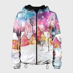 Куртка с капюшоном женская Новогодний ночной дворик, цвет: 3D-черный