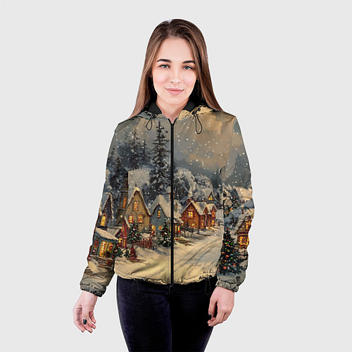 Женская куртка Новогодние зимние домики / 3D-Черный – фото 4