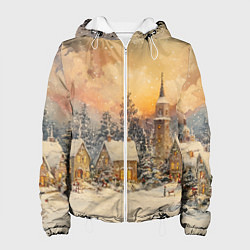 Куртка с капюшоном женская Новогодний небольшой городок, цвет: 3D-белый