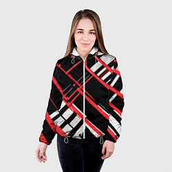Куртка с капюшоном женская Красно-белые линии на чёрном фоне, цвет: 3D-белый — фото 2