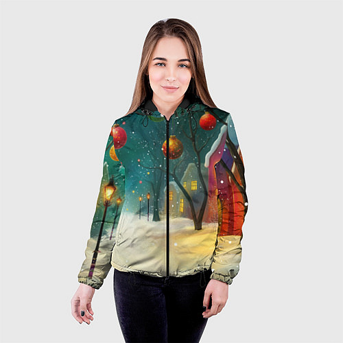 Женская куртка Новогодние шары и тропинка / 3D-Черный – фото 4