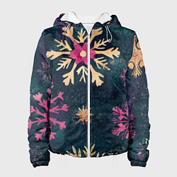 Куртка с капюшоном женская Новогодние разноцветные снежинки, цвет: 3D-белый