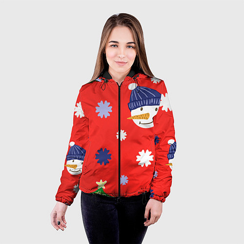 Женская куртка Новогодний узор со снеговиком и снежинками / 3D-Черный – фото 4