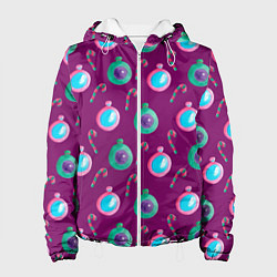 Куртка с капюшоном женская Новогодний узор с елочными игрушками, цвет: 3D-белый