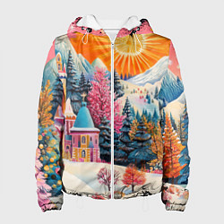 Куртка с капюшоном женская Новый год - горы и пейзаж, цвет: 3D-белый