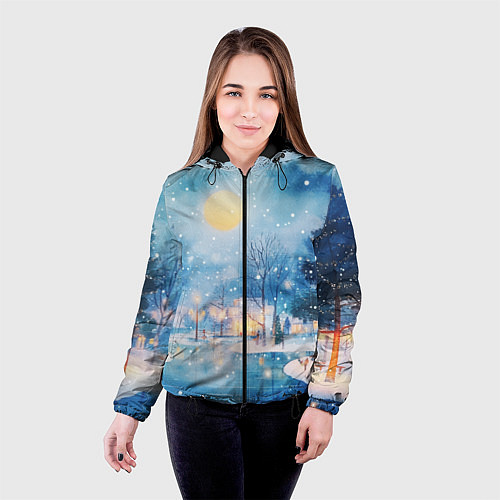 Женская куртка Новогодняя атмосфера - акварель / 3D-Черный – фото 4