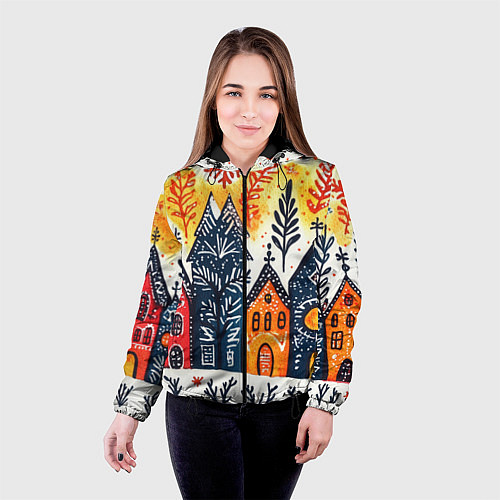 Женская куртка Разноцветные новогодние дома / 3D-Черный – фото 4