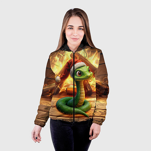 Женская куртка Зеленая новогодняя змея 2025 года / 3D-Черный – фото 4