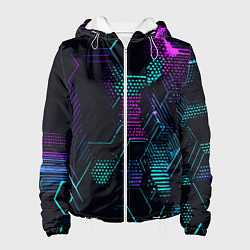 Куртка с капюшоном женская Розово-голубые точки и линии на чёрном фоне, цвет: 3D-белый