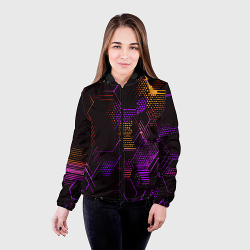 Женская куртка Жёлто-фиолетовые точки и линии на чёрном фоне / 3D-Черный – фото 4