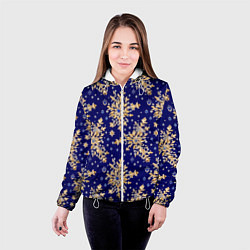 Куртка с капюшоном женская Золотые снежинки на синем шелке, цвет: 3D-белый — фото 2