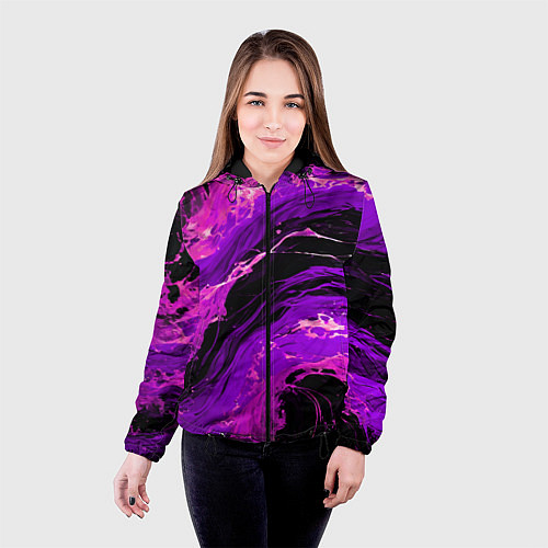 Женская куртка Фиолетовые брызги на чёрном фоне / 3D-Черный – фото 4
