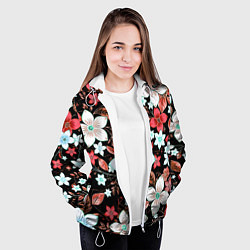Куртка с капюшоном женская Красно-белые цветы на чёрном фоне, цвет: 3D-белый — фото 2