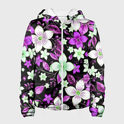 Куртка с капюшоном женская Фиолетово-белые цветы на чёрном фоне, цвет: 3D-белый