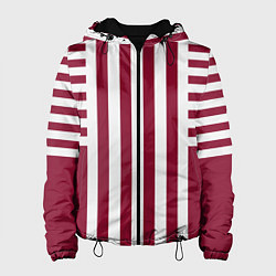 Куртка с капюшоном женская Бело красный узор в полоску, цвет: 3D-черный