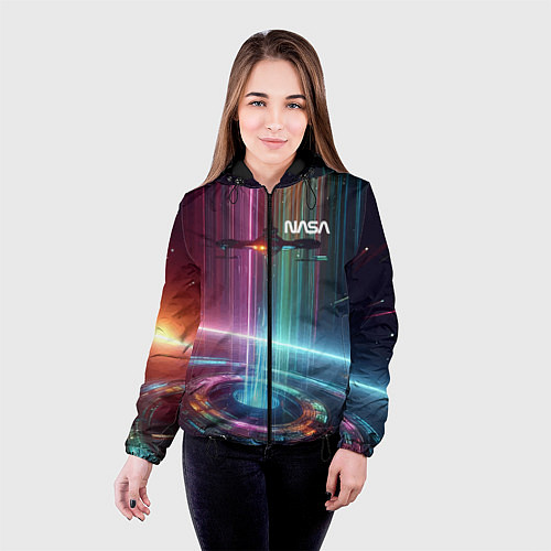 Женская куртка Spaceship in the neon cosmos - nasa / 3D-Черный – фото 4