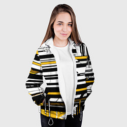 Куртка с капюшоном женская Жёлто-белые технологические линии на чёрном фоне, цвет: 3D-белый — фото 2