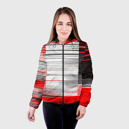 Женская куртка Чёрные вертикальные полосы на красно-белом фоне / 3D-Черный – фото 4