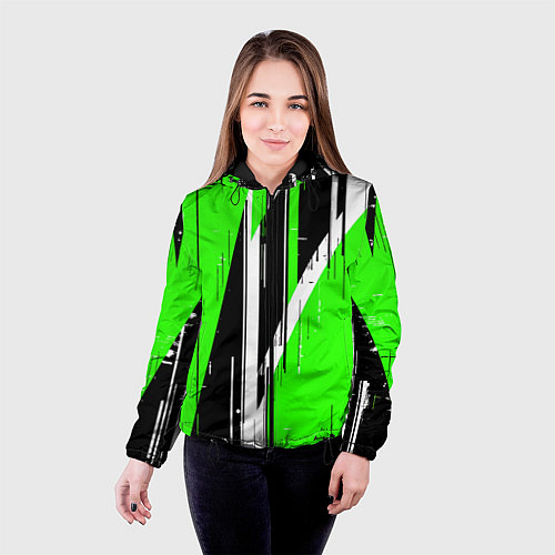 Женская куртка Чёрно-белые вертикальные полосы на зелёном фоне / 3D-Черный – фото 4