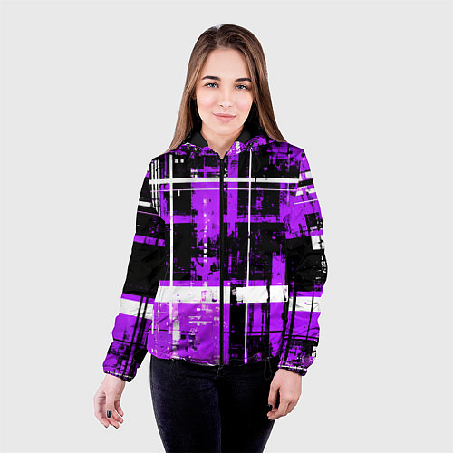 Женская куртка Фиолетово-белый гранж на чёрном фоне / 3D-Черный – фото 4