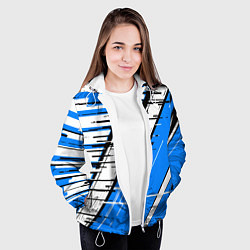 Куртка с капюшоном женская Чёрно-белые глитч полосы на синем фоне, цвет: 3D-белый — фото 2