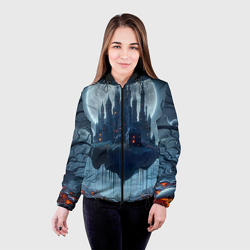 Женская куртка Замок Дракулы и неоновые грибы - нейроарт фантазия / 3D-Черный – фото 4