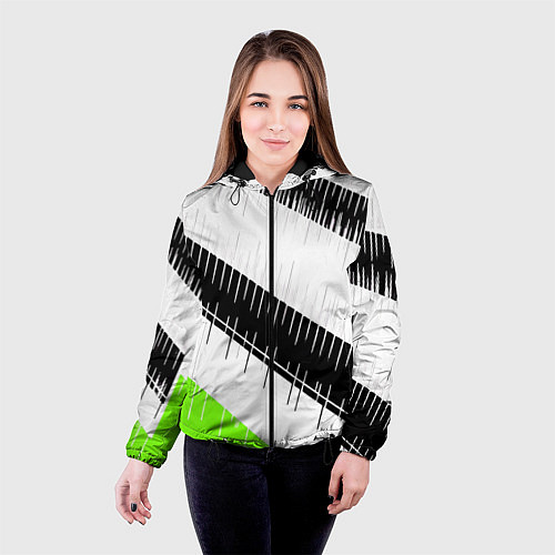 Женская куртка Диагональные чёрно-белые полосы на зелёном фоне / 3D-Черный – фото 4