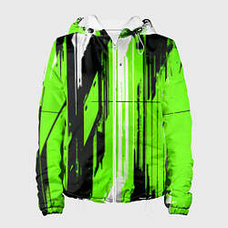 Куртка с капюшоном женская Вертикальные чёрно-белые линии на зелёном фоне, цвет: 3D-белый