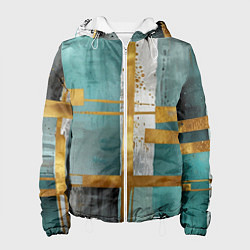 Куртка с капюшоном женская Узоры акварелью бирюзового и золотого цвета, цвет: 3D-белый