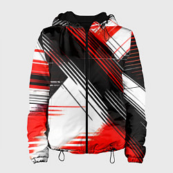 Куртка с капюшоном женская Диагональные красно-чёрные линии на белом фоне, цвет: 3D-черный