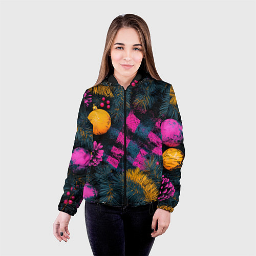 Женская куртка Новый год - фиолетовая краска / 3D-Черный – фото 4