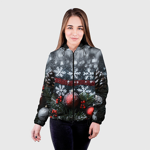 Женская куртка Новогодние снежинки / 3D-Черный – фото 4