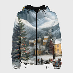 Куртка с капюшоном женская Новогодняя огромная елка и маленькие домики, цвет: 3D-черный