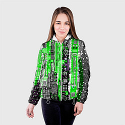 Куртка с капюшоном женская Киберпанк паттерн зелёный, цвет: 3D-белый — фото 2