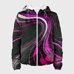 Куртка с капюшоном женская Волнистые бело-розовые линии на чёрном фоне, цвет: 3D-белый