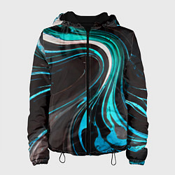 Куртка с капюшоном женская Волнистые бело-голубые линии на чёрном фоне, цвет: 3D-черный