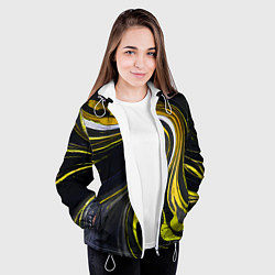 Куртка с капюшоном женская Волнистые бело-жёлтые линии на чёрном фоне, цвет: 3D-белый — фото 2