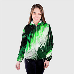 Куртка с капюшоном женская Зелёно-белая абстракция на чёрном фоне, цвет: 3D-белый — фото 2