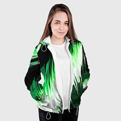 Куртка с капюшоном женская Зелёно-белая абстракция на чёрном фоне, цвет: 3D-белый — фото 2