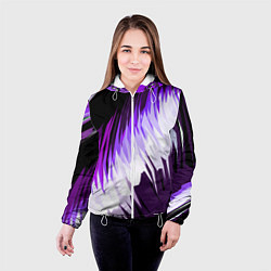 Куртка с капюшоном женская Бело-фиолетовые острые полосы на чёрном фоне, цвет: 3D-белый — фото 2