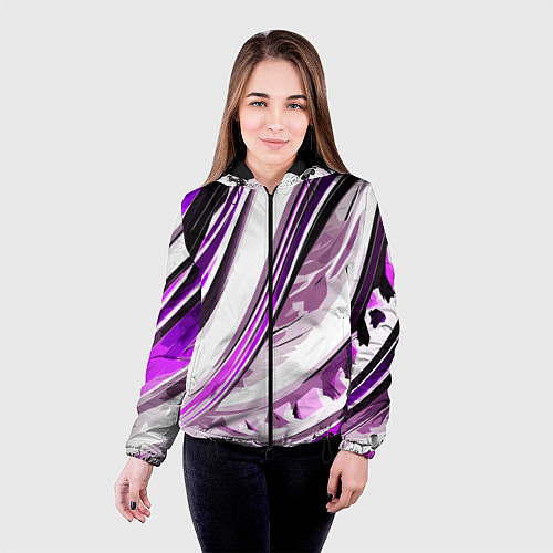 Женская куртка Волнистая бело-фиолетовая абстракция / 3D-Черный – фото 4
