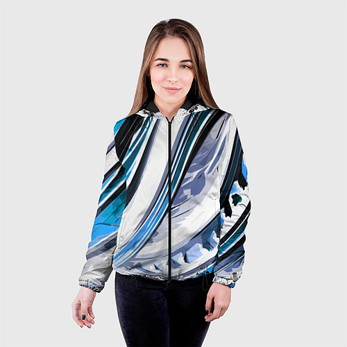 Женская куртка Волнистая бело-синяя абстракция / 3D-Черный – фото 4