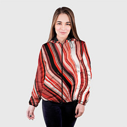Куртка с капюшоном женская Волнистые вертикальные чёрно-красные полосы, цвет: 3D-черный — фото 2