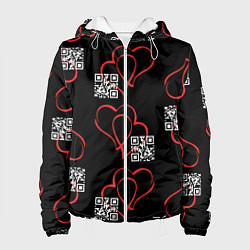 Куртка с капюшоном женская Сердца и код любви на черном, цвет: 3D-белый