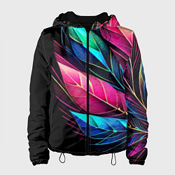 Куртка с капюшоном женская Букет из цветных перьев - неон, цвет: 3D-черный
