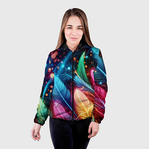 Женская куртка Яркие красочные неоновые перья / 3D-Черный – фото 4