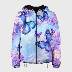 Куртка с капюшоном женская Бабочки и сирень - нежная голубая живопись, цвет: 3D-черный